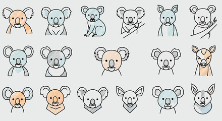 Collection of Koala and Wallaby Line Art Illustrations