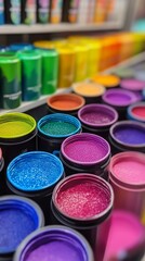Vibrant jars of glitter paints sit in a colorful arrangement, showcasing an array of bold hues and textures that inspire creativity and artistic expression in any project.