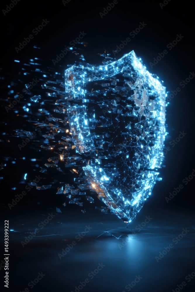 Poster Digital shield disintegrating into particles on dark background abstract concept of cyber security data protection and network defense