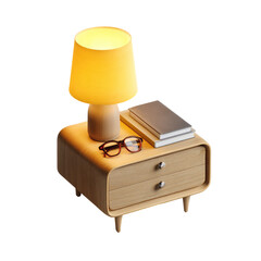  Top View of a Wooden Bedside Table with a Modern Night Lamp on Transparent Background