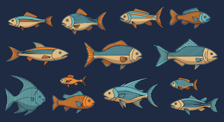 Colorful Cartoon Fish Collection in a Geometric Style