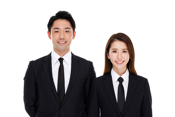 A smiling business team of confident business people, including a businesswoman and businessman in suits, exemplifies successful teamwork in the office