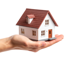 Hand Presenting a Small Model House, isolated on a transparent background.