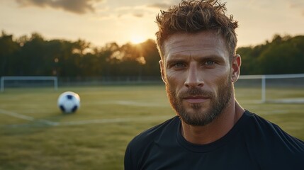 Soccer player training at sunset local field portrait photography outdoor environment close-up view athletic spirit