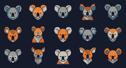 Fifteen Stylized Koala Portraits with Varied Colors and Expressions