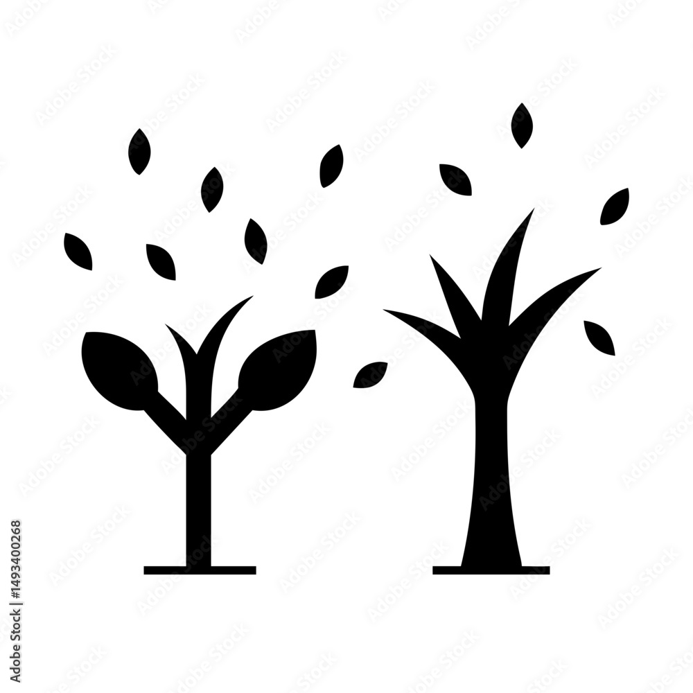 Poster two trees with leaves falling silhouette on transparent background for web and graphic design