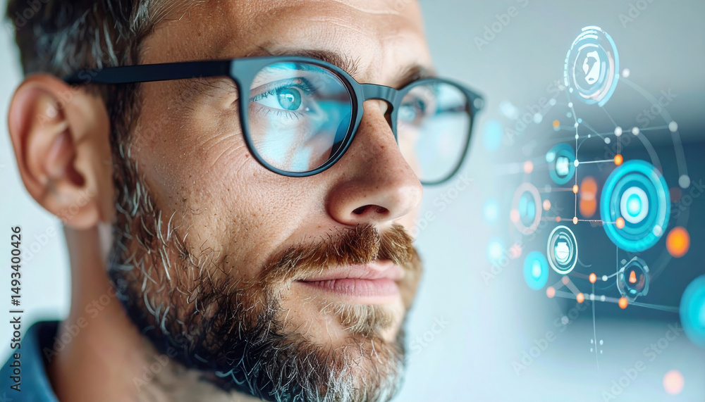 Poster tech startup founder wearing glasses is focused on futuristic digital interface technology with blue