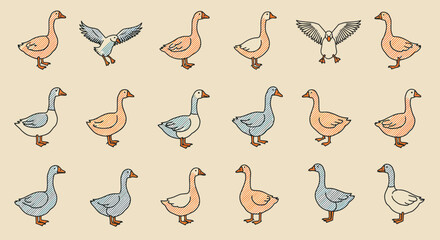Stylized Geese and a Flying Bird in a Decorative Pattern