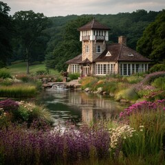 Obraz premium Idyllic stone house with tower reflected in pond surrounded by lush flower garden at dusk landscape