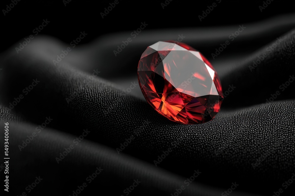 Poster close-up of a sparkling red ruby gemstone resting on luxurious black fabric in studio lighting