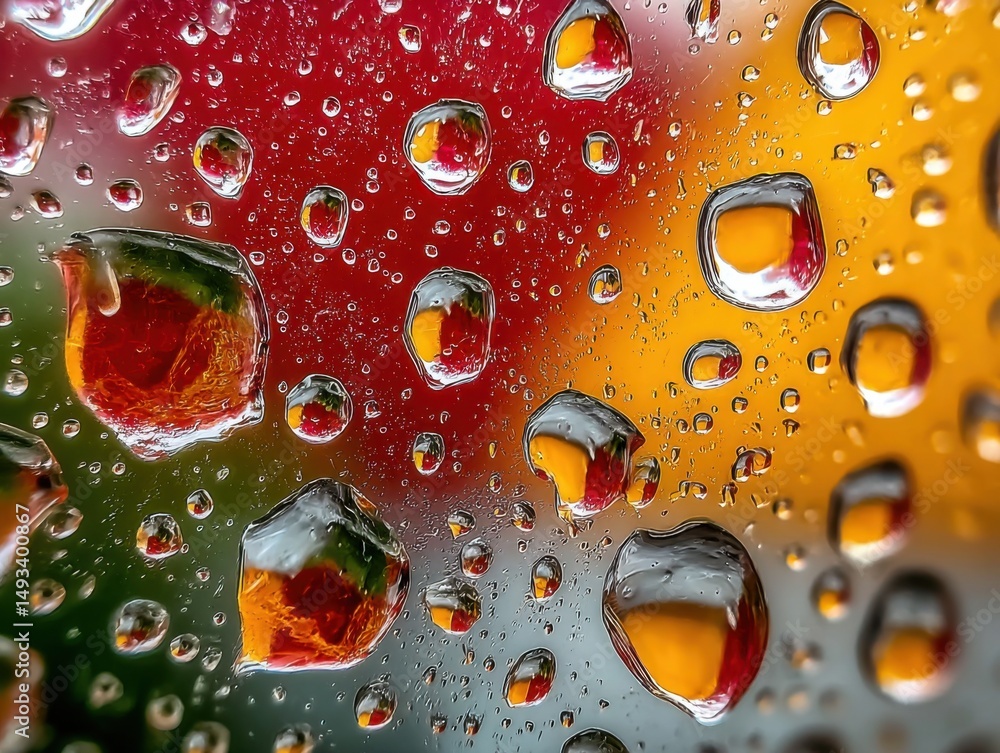 Poster abstract macro shot of water droplets on glass reflecting vibrant colors and shapes creating a uniqu