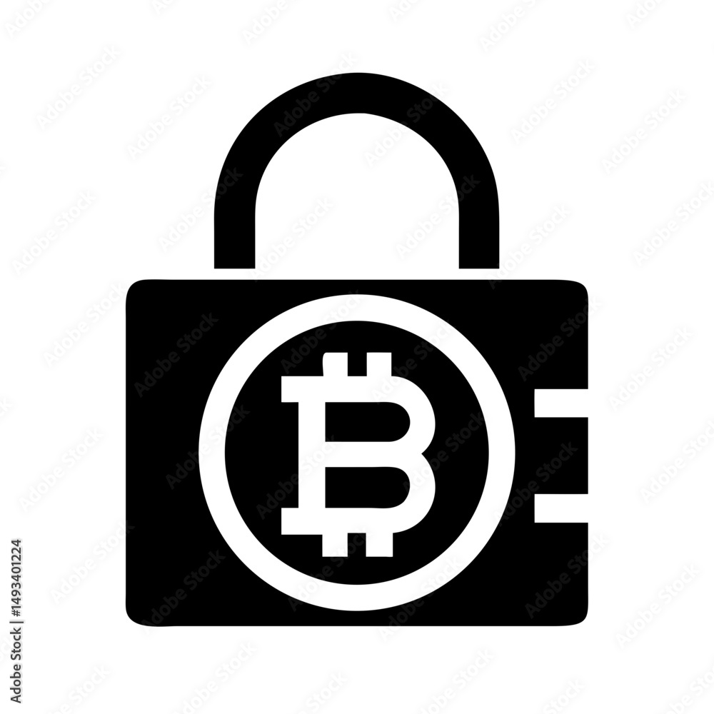Poster bitcoin with a lock secured silhouette on transparent background for web and graphic design
