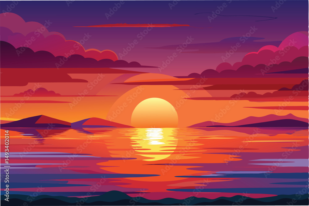 Poster Beautiful sunset over tranquil waters with colorful clouds and distant mountains reflected in the calm sea