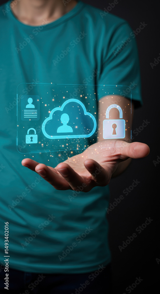 Poster secure cloud data: man holding protected cloud icon. data privacy, cyber security, network, encrypti