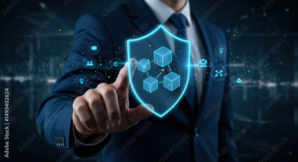 Aufkleber secure blockchain: businessman touching data protection shield. digital security, cyber safety & net