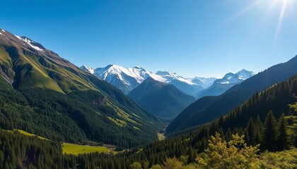 Fototapeta premium Vibrant green valley, snow-capped mountains, sunny blue sky, lush forest, beautiful, green