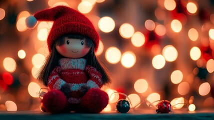 little cute christmas doll with christmas lights background