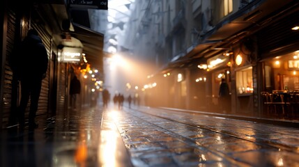 Wet, luminous street. People walking, lights glow warmly