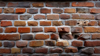 Weathered brick wall with varied tones and missing bricks, showing age and texture