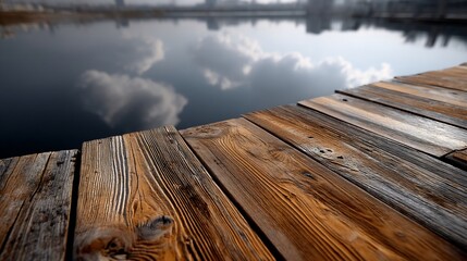 Weathered wooden dock extending over calm water, reflecting cloudy sky