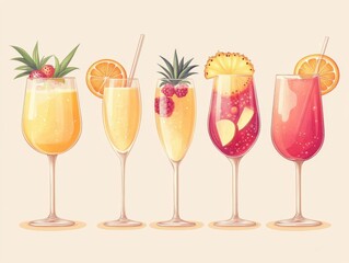 Variety of colorful mimosa cocktails with fruit garnish in tall glasses studio shot on light background