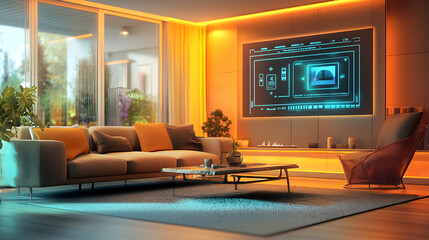 Modern Living Room with Futuristic Decor and Ambient Lighting