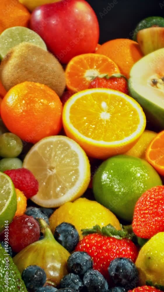 Poster Various Kind of Fresh Exotic Fruits. Camera Placed on Motion Control System. Filmed on High Speed Cinema Camera. Camera in Motion. Vertical Aspect Ratio.