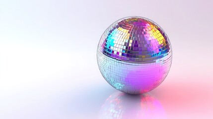 Shiny disco ball reflecting colorful lights on white background
