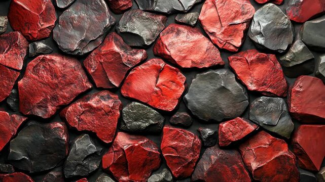 Red and grey stone wall texture; irregular, rough,  close-up