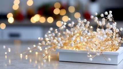 White berry sprigs with lights in a white tray, bokeh background