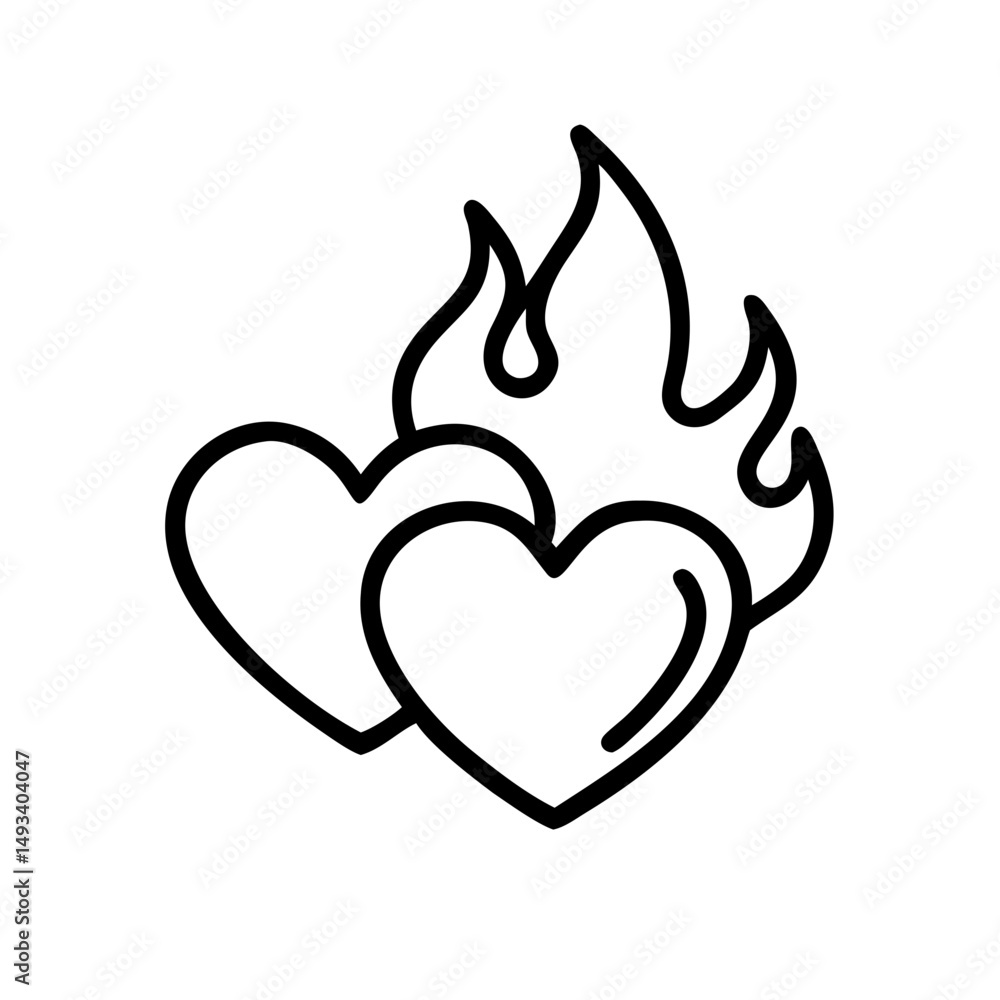 Poster flaming or burning hearts representing passion on transparent background for web and graphic design