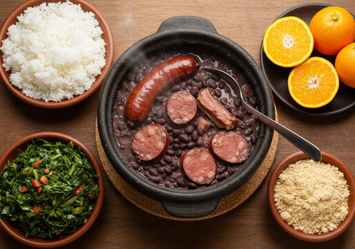 Feijoada Tradicional com Arroz, Couve, Farofa e Laranja Servida em Panela de Barro