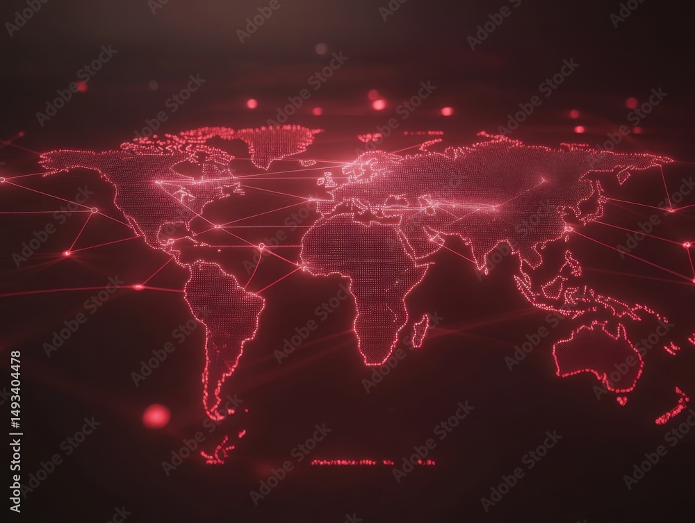 Poster red world map network connection illustrating global data transfer and communication technology in d