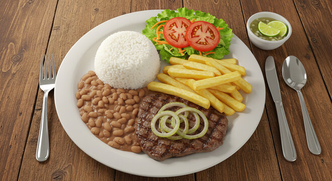 Prato Feito Brasileiro com Arroz, Feij&atilde;o, Bife, Batata Frita, Couve e Salada