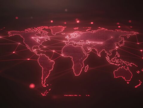 Red World Map Network Connection Illustrating Global Data Transfer and Communication Technology in Dark Background