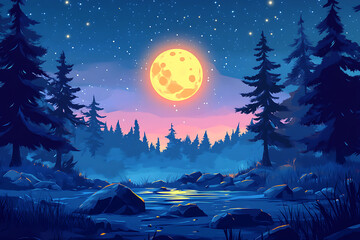 Fototapeta premium Serene moonlit landscape with a glowing full moon above a tranquil river and silhouetted trees