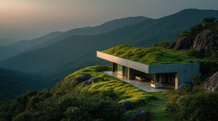 Modern House with Green Roof on a Mountain Top
