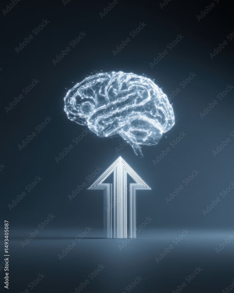 Poster brain and arrow pointing upward digital illustration symbolizing growth and intelligence in studio s