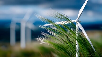 Wind turbines stand tall, grass blowing in breeze. Clean energy concept