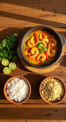 Moqueca de Camarão com Pimentões e Coentro Servida com Arroz, Farofa e Pirão