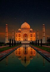 Obraz premium Taj Mahal illuminated with tricolor lights at night for Independence Day celebration