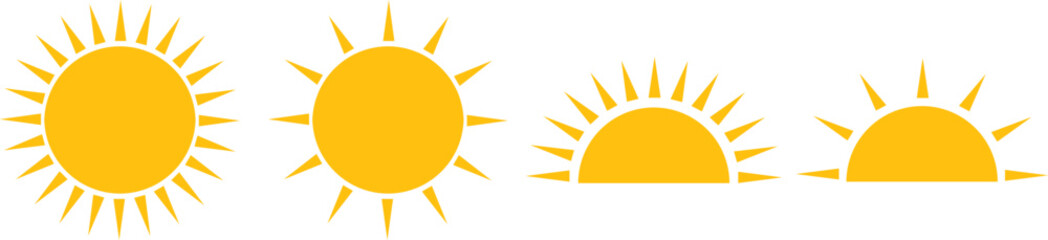 Sun icon set. Hot solar energy for tan. Sunset symbol. Sunshine simple icons collection