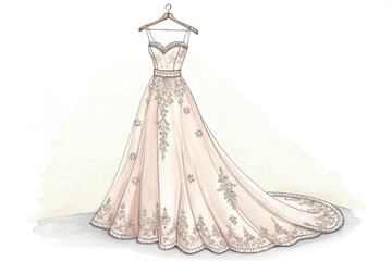 Elegant bridal gown hanging on a hanger, watercolor clipart illustration on white background.