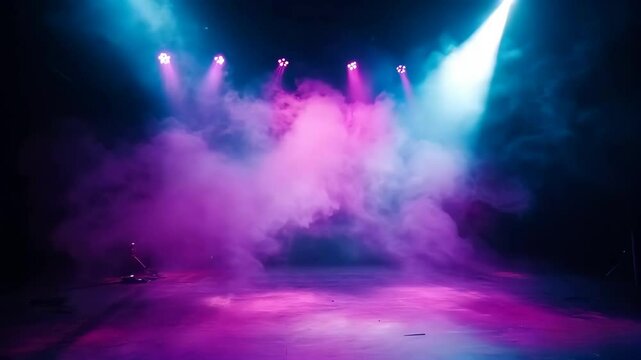 Colorful light show illuminates vibrant smoke during musical performance in an energetic venue late at night