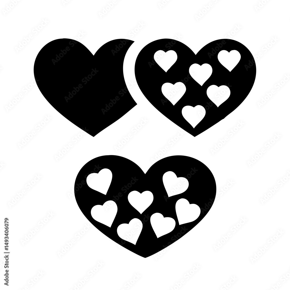 Poster hearts with patterns silhouette on transparent background for web and graphic design