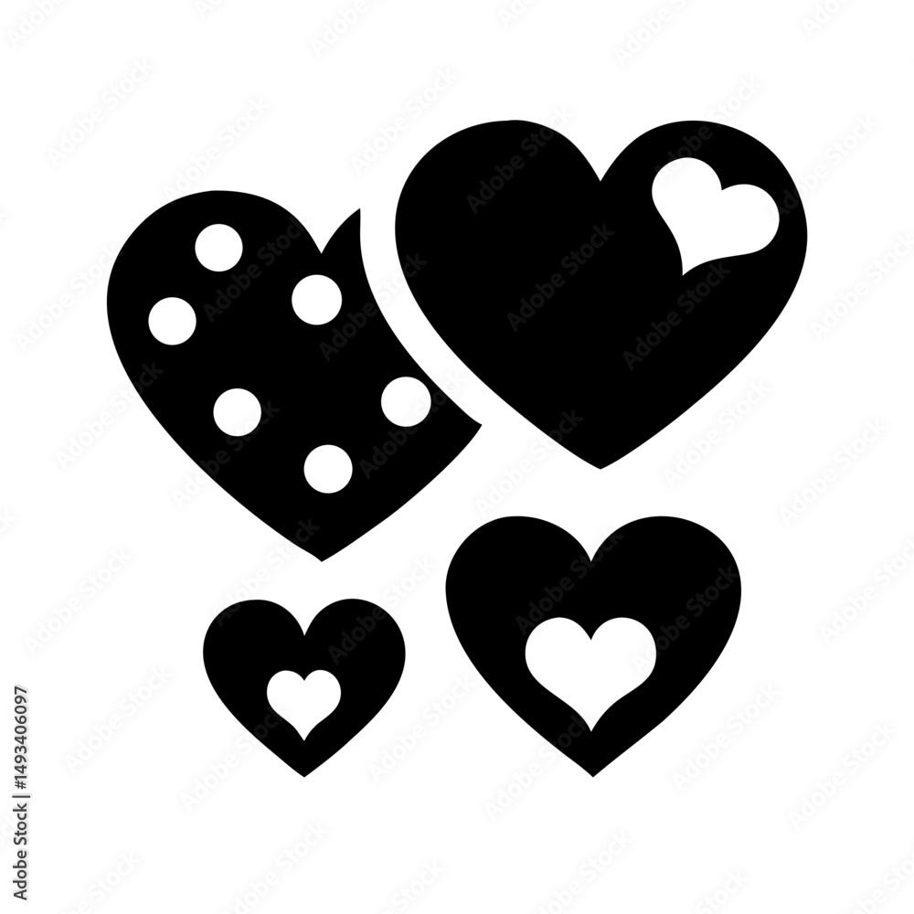 Poster hearts with patterns silhouette on transparent background for web and graphic design