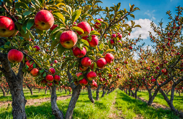 Apple Orchard with Ripe Red Apples Under Bright Sunny Sky