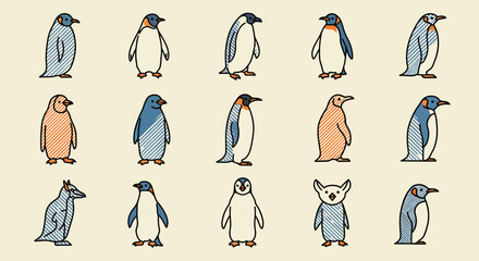 Collection of Striped Penguin Illustrations in Profile
