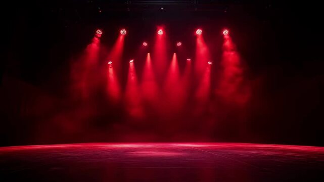 Captivating red stage lights illuminate an empty performance space during a striking theatrical showcase full of promise and anticipation