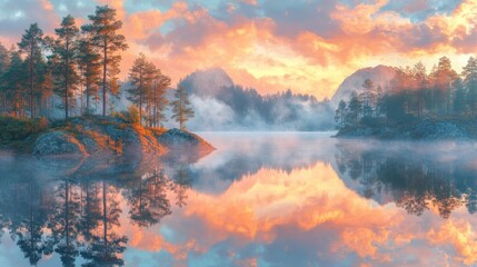Misty lake sunrise reflecting vibrant sky